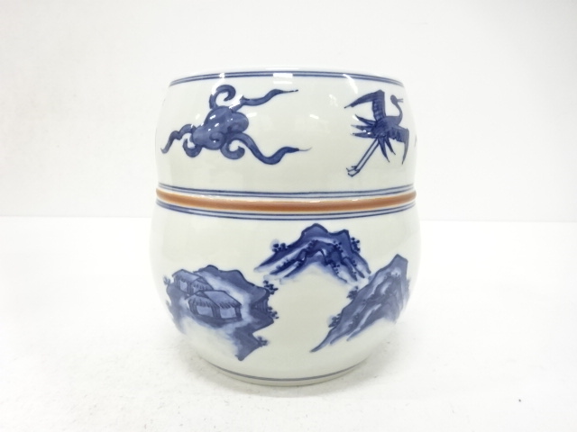  巽窯造　染付　山水雲鶴銅〆　水指